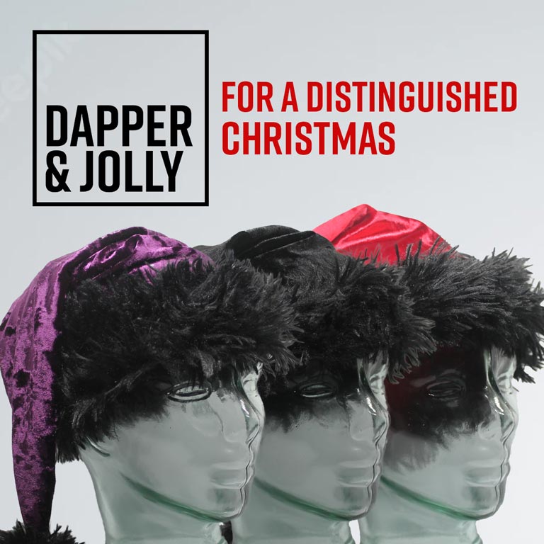 3 hats of different colors displayed in red, purple, and black