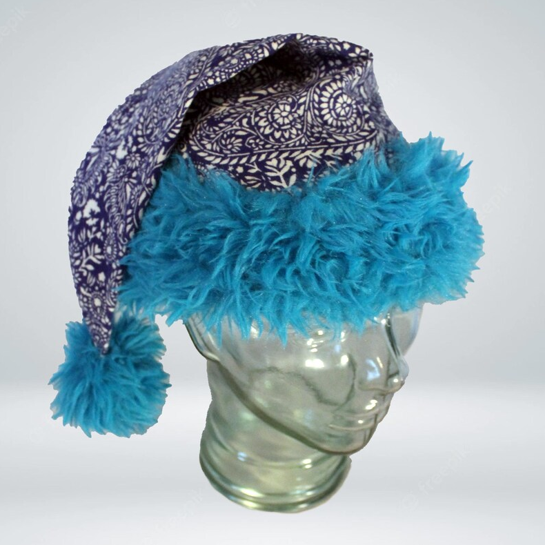 Blue patterned fabric with blue fur Santa hat